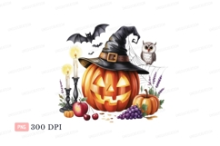 Jackolantern witch hat owl bats candles fruit halloween Product Image 1