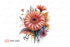 Coral gerbera bouquet watercolor splashes orange pink Product Image 1