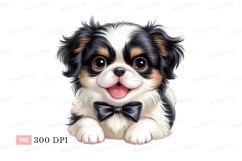 Adorable fluffy puppy wearing bow tie black white Product Image 1