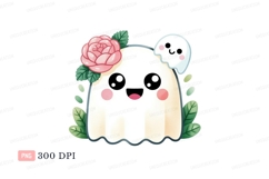 Cute ghost with pink rose and leaves kawaii Product Image 1
