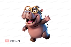 Happy cartoon hippo wearing glasses waving Product Image 1