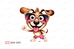 Happy dog wearing sunglasses and pink shorts image Product Image 1