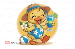 Cheerful duckling with summer drink and flower beach Product Image 1
