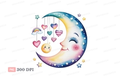 Smiling crescent moon with hanging hearts and stars Product Image 1