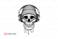Skull wearing beanie and headphones black white Product Image 1