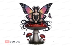 Black haired fairy on red mushroom butterfly fantasy Product Image 1