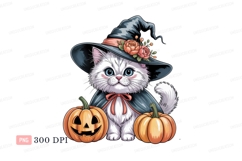 White kitten witch with pumpkins halloween Product Image 1