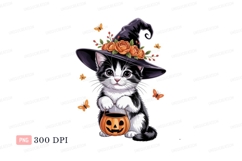 Black white kitten witch hat pumpkin basket butterflies Product Image 1
