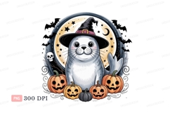 Cute seal wearing witch hat with pumpkins halloween Product Image 1