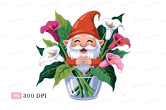 Cheerful gnome surrounded by calla lilies happy smiling Product Image 1