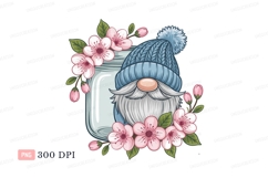 Blue hat gnome pink flowers jar Clipart P N G image Product Image 1