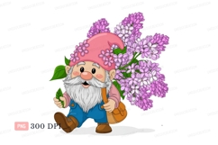 Cheerful gnome carrying lilac flowers pink blue Product Image 1