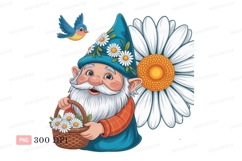 Cheerful gnome holding flower basket with bird and daisy Product Image 1