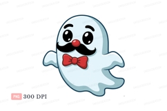 Cute ghost with mustache and bowtie cartoon white Product Image 1