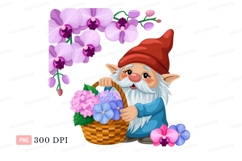 Cheerful gnome holding basket full flowers blue Product Image 1
