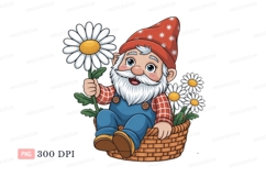 Cheerful gnome holding daisy in basket flower Product Image 1