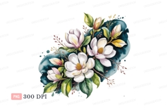 White magnolia blossoms green leaves pink Product Image 1