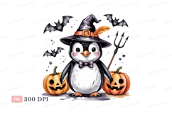 Penguin witch with pumpkins and bats image Product Image 1