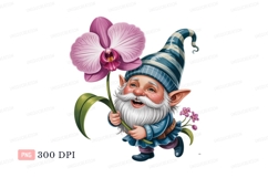 Cheerful gnome holding pink orchid flower blue Product Image 1