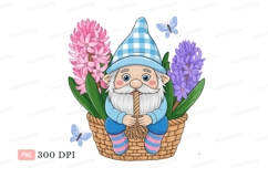 Cheerful gnome basket spring flowers butterflies hyacinths Product Image 1