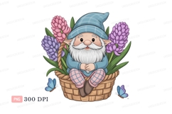 Cheerful gnome sitting in basket with flowers and butterflie Product Image 1
