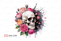 Skull surrounded by pink and orange roses flowers Product Image 1