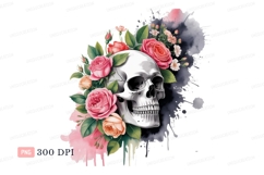 Skull roses watercolor splash Clipart P N G flowers Product Image 1