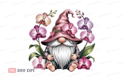 Gnome surrounded by pink and purple orchids flower Product Image 1