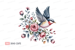 Bird flying among pink blue flowers image Product Image 1