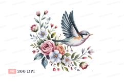 Bird flying among pink roses and white flowers image Product Image 1