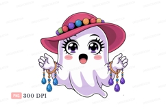 Cute ghost wearing hat and jewelry cartoon halloween Product Image 1
