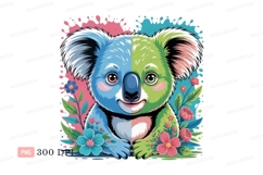 Colorful koala surrounded by flowers blue green Product Image 1
