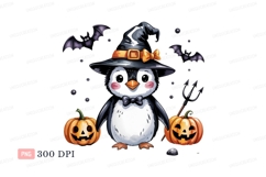 Penguin witch with pumpkins and bats image Product Image 1