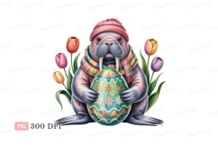 Walrus holding easter egg with tulips pink Product Image 1