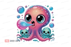 Pink octopus blowing bubbles with babies blue teal Product Image 1