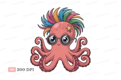 Pink octopus with rainbow mohawk and glasses image Product Image 1