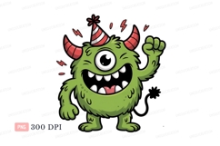 Green monster wearing party hat horns Product Image 1