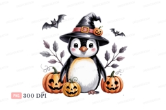 Penguin witch with pumpkins and bats image Product Image 1