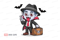Cute vampire holding suitcase peace sign cartoon character Product Image 1