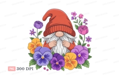 Gnome surrounded by colorful pansies and roses flowers Product Image 1