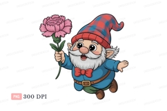 Cheerful gnome holding pink flower blue Product Image 1