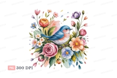 Bluebird among colorful blooming flowers pink orange Product Image 1