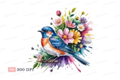 Blue bird with colorful flowers orange white Product Image 1