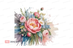 Peony rose bouquet watercolor splash image Product Image 1