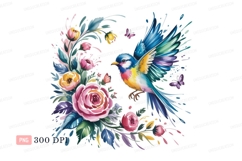 Colorful bird flying near pink roses image Product Image 1