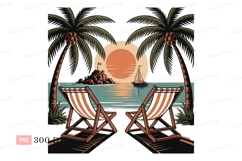 Tropical beach chairs sunset ocean view palm Product Image 1