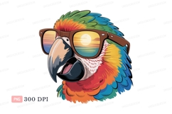 Colorful parrot wearing sunglasses reflecting sunset Product Image 1