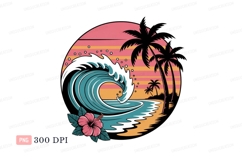 Tropical wave sunset beach palm hibiscus ocean trees Product Image 1