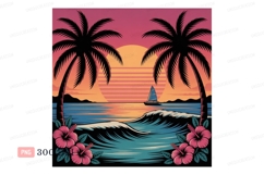 Tropical sunset ocean waves sailboat hibiscus palms Product Image 1