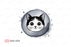 Black white cat face watercolor splash feline Product Image 1